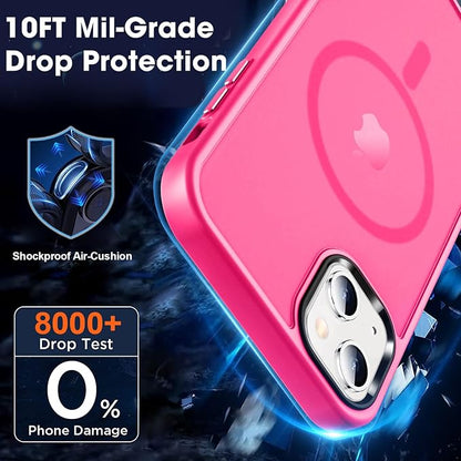 MOCCA Strong Magnetic for iPhone 13 Case, [Compatible with Magsafe][Screen Protector+Camera Lens Protector] Translucent Matte Back Slim Shockproof Case for iPhone 13 Phone Case 6.1", Hot Pink