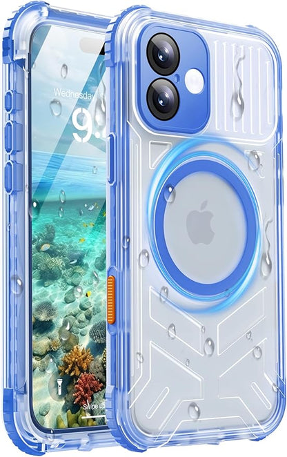 for iPhone 16 Plus Waterproof Case with Magsafe, Built-in [Camera & Screen Protector] [Lanyard], IP68 Water Proof Full Body Dustproof Heavy Duty Frosted Protective Phone Cover, 6.7" Blue