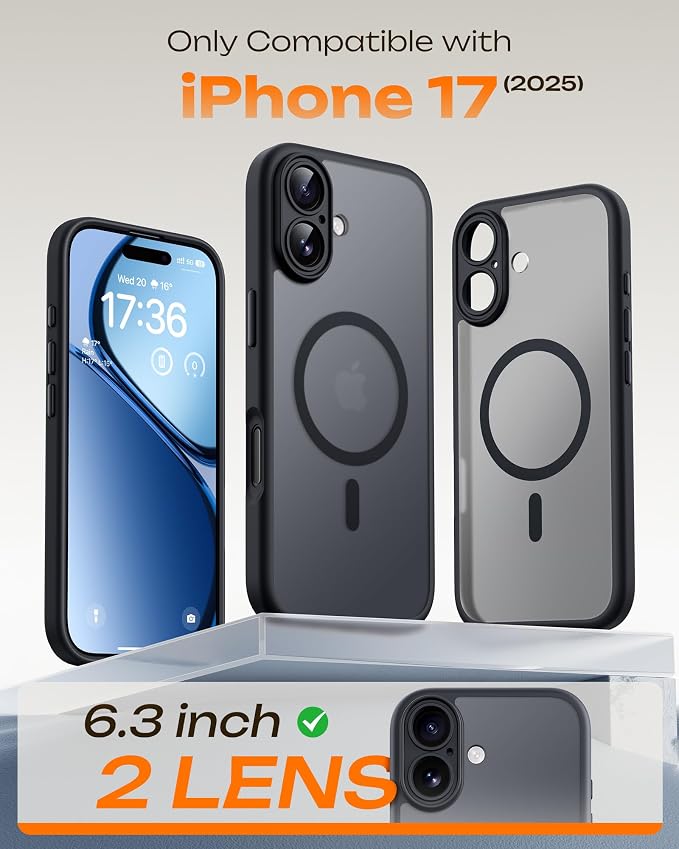 TOCOL for iPhone 17 Case, Compatible with Magsafe, Full Camera Protection, Built-in Magnets, Drop Protection, Translucent Matte Phone Case for iPhone 17 6.3 inch (Black)