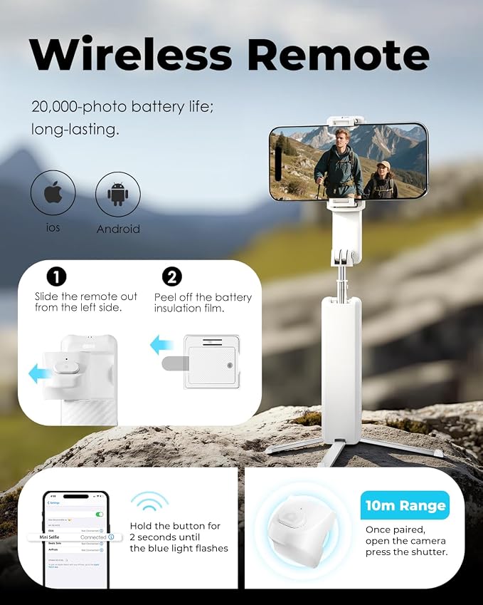 Viozon Aluminum Alloy Wireless Selfie Stick Tripod with Detachable Remote, Lightweight Extendable Phone Stand Compatible with 4–7" iPhone & Android Smartphones