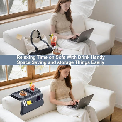 Silicone Couch Cup Holder for Tablet & Phone Stand, Sofa Arm Tray Organizer with Dual Side Pockets for Remotes Snacks Headphones & Glasses Drinks Anti-Slip & Heat Resistant Sofa Caddy (Gray)