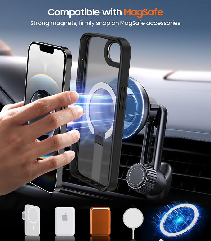 for iPhone 16e Case with Stand, Fit for MagSafe, Slim Translucent Matte Military-Grade Drop Protection Magnetic Kickstand Phone Cover, Black