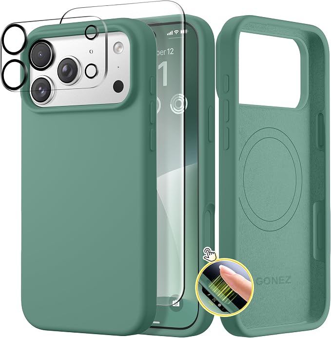 GONEZ Magnetic for iPhone 17 Pro Case, Compatible with MagSafe, [Screen Protector + Camera Lens Protector], Liquid Silicone Anti-Scratch Shockproof Protective Phone Case 6.3 inch, Midnight Green