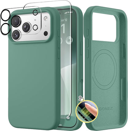 GONEZ Magnetic for iPhone 17 Pro Case, Compatible with MagSafe, [Screen Protector + Camera Lens Protector], Liquid Silicone Anti-Scratch Shockproof Protective Phone Case 6.3 inch, Midnight Green