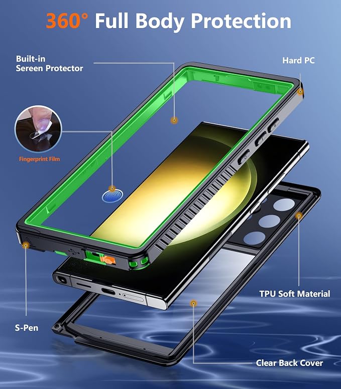 Temdan for Samsung Galaxy S23 Ultra Case,Waterproof Built-in Lens & Screen Protector[Full Body Shockproof][12 FT Military Drop Proof][Dustproof][IP68 Underwater] Case for S23 Ultra 5G 6.8”-Green