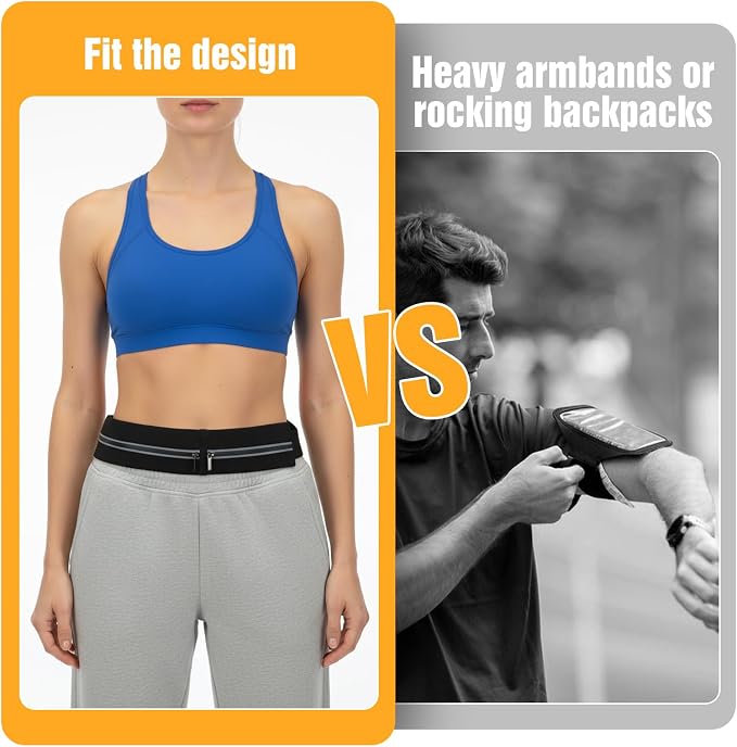 Slim Running Belt with 2 Pockets for women & Men,Runners Fanny Pack Phone Holder,Reflective Fanny Pack,Running Gear Accessories with Buckle(Black)