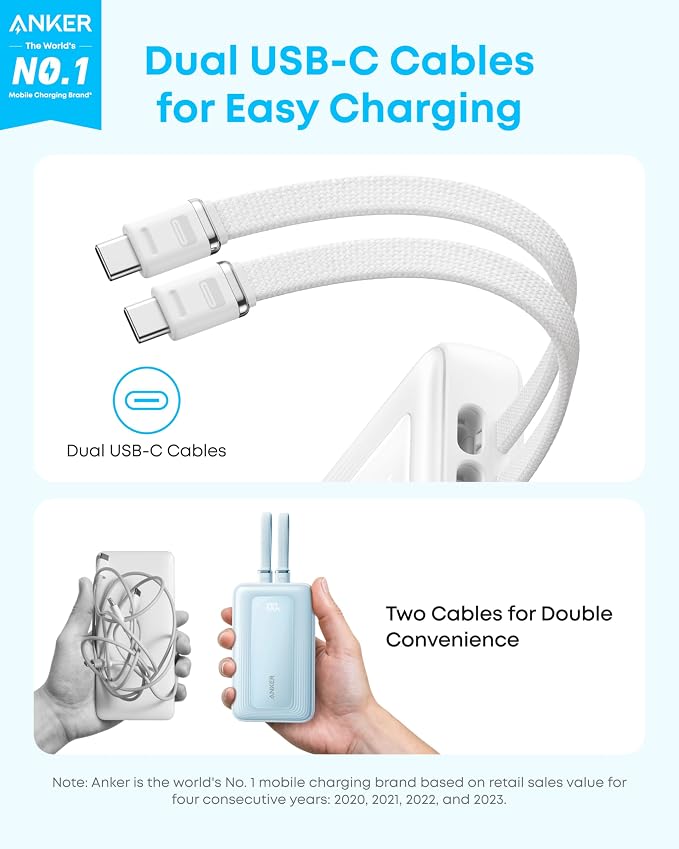 Anker Zolo Power Bank (2025 Upgraded Version), 45W Max Fast Charging, 20,000mAh Battery Pack, Dual Built-in USB-C Cables, USB-C&A Port, for iPhone 17/16 Series, Galaxy, MacBook, and More