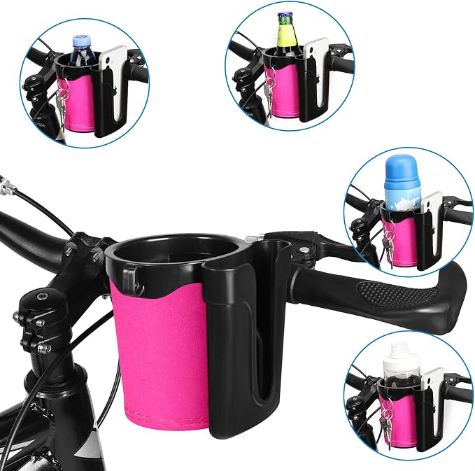 Accmor 3-in-1 Bike Cup Holder with Cell Phone Keys Holder, Bike Water Bottle Holders, Universal Bar Drink Cup Can Holder for Bicycles, Motorcycles, Scooters, Black Pink