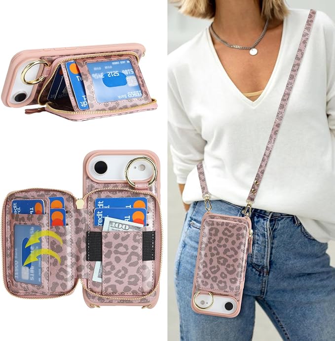 Crossbody Wallet Case for iPhone Air, PU Leather Zipper Handbag Purse Flip Cover, Kickstand Folio Case with Card Slots Holder Wrist Strap Lanyard 5G 6.5 Inch-Pink Leopard