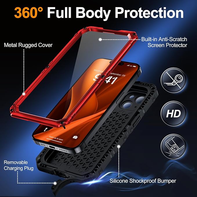 Mitywah Waterproof Case for iPhone 15 Plus, Heavy Duty Shockproof Case with Built-in Screen Protector, Full Body Underwater Protective Metal Case 6.1 inch, Red