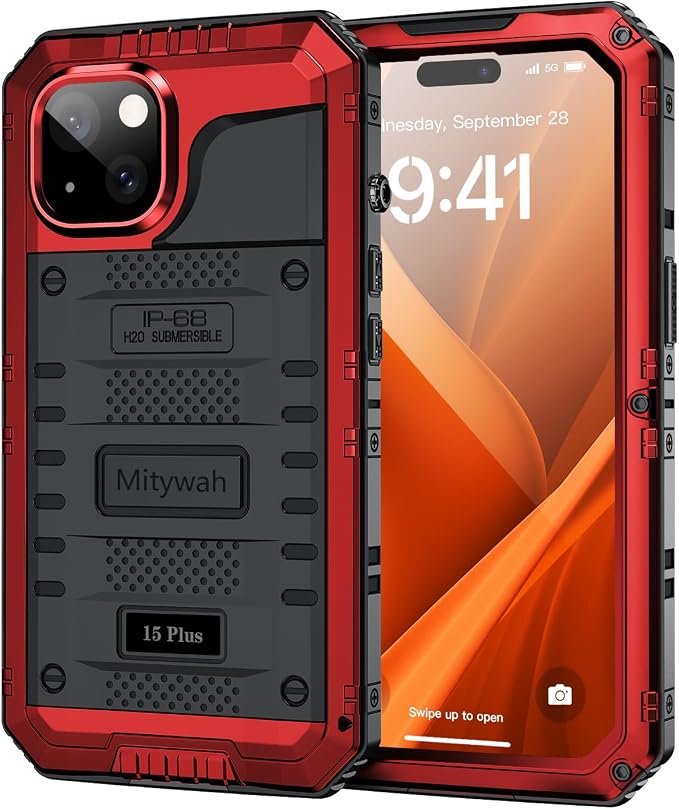 Mitywah Waterproof Case for iPhone 15 Plus, Heavy Duty Shockproof Case with Built-in Screen Protector, Full Body Underwater Protective Metal Case 6.1 inch, Red