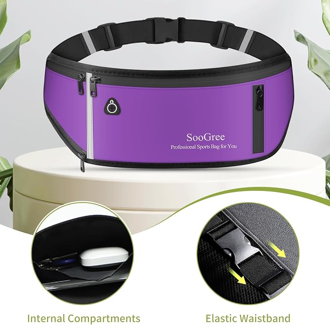 SooGree Slim Running Belt Fanny Pack, Resistant Waist Pack Money Belt Bag for Hiking Cycling Workout, Gym Phone Holder with Adjustable Strap (Purple)