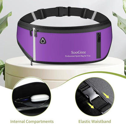 SooGree Slim Running Belt Fanny Pack, Resistant Waist Pack Money Belt Bag for Hiking Cycling Workout, Gym Phone Holder with Adjustable Strap (Purple)