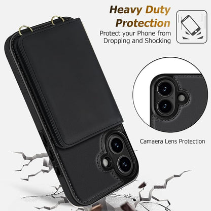 LOHASIC for iPhone 17 Case Wallet with Detachable Crossbody Strap & Wrist Lanyard, RFID Blocking, 4 Card Slots 2 Cash Pockets, Leather Case with Card Holder for Women Girls, Black