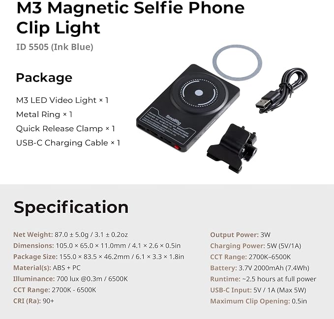 SmallRig M3 Magnetic Selfie Phone Light with Clip, 120 LEDs 2000mAh Rechargeable, 2700K-6500K, Portable Content Creators Light for Video Recording, for iPhone/Laptop/Camera/Webcam (Ink Blue) - 5505