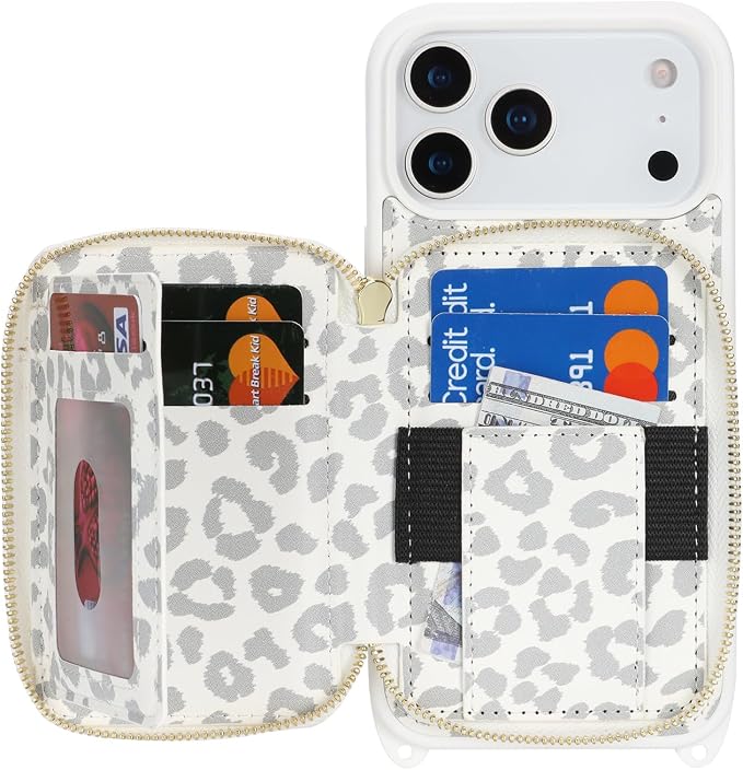 Crossbody Wallet Case for iPhone 17 Pro Max, PU Leather Zipper Handbag Purse Flip Cover, Kickstand Folio Case with Card Slots Holder Wrist Strap Lanyard 5G 6.9 Inch-White Leopard