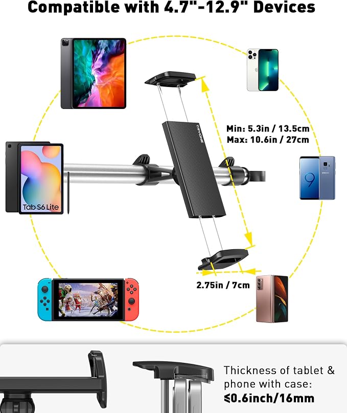 Tryone Car Tablet Holder Mount for iPad: Headrest Tablet Stand for Car Back Seat Compatible with iPad Pro Air Mini | Galaxy Tab | Kindle Fire HD | Switch OLED or Other 4.7-16.1" Devices