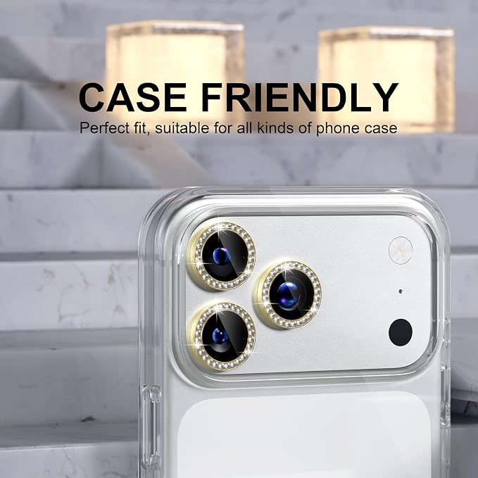 Choiche Compatible for iPhone 17 Pro/iPhone 17 Pro Max Camera Lens Protector Bling, 9H Tempered Glass Camera Cover Screen Protector Metal Ring Decoration Accessories (Diamond-Gold)