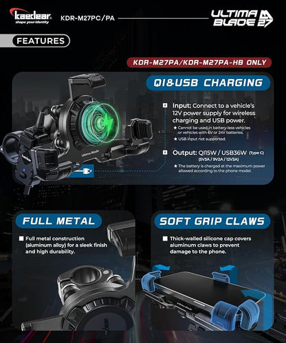 Kaedear Premium Motorcycle Phone Mount, Ql Wireless Charging, Aluminum, Anti-Vibrations, USB Charging, Quick Release Button, Durable, Anti-Theft Mount, Ultima Blade KDR-M27PA-BK (Black)