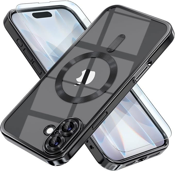 Misea Magnetic for iPhone 17 Case Compatible with MagSafe [Never Yellowing] [Military Grade Drop Protection] Full Camera Lens Protector Plating Soft Clear Phone Case for Women, Black