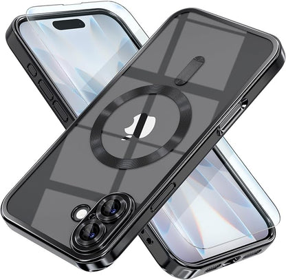 Misea Magnetic for iPhone 17 Case Compatible with MagSafe [Never Yellowing] [Military Grade Drop Protection] Full Camera Lens Protector Plating Soft Clear Phone Case for Women, Black