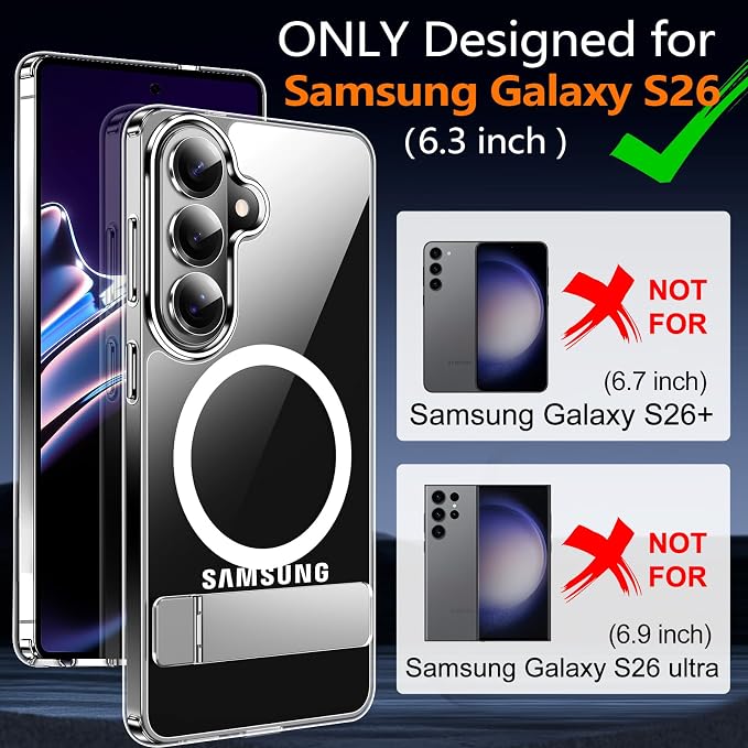 MOZOTER for Samsung Galaxy S26 Case with Kickstand,[Compatible with Magsafe][2*Screen Protector],Military-Grade Protection,Magnetic Phone Case for Samsung Galaxy S26-Clear