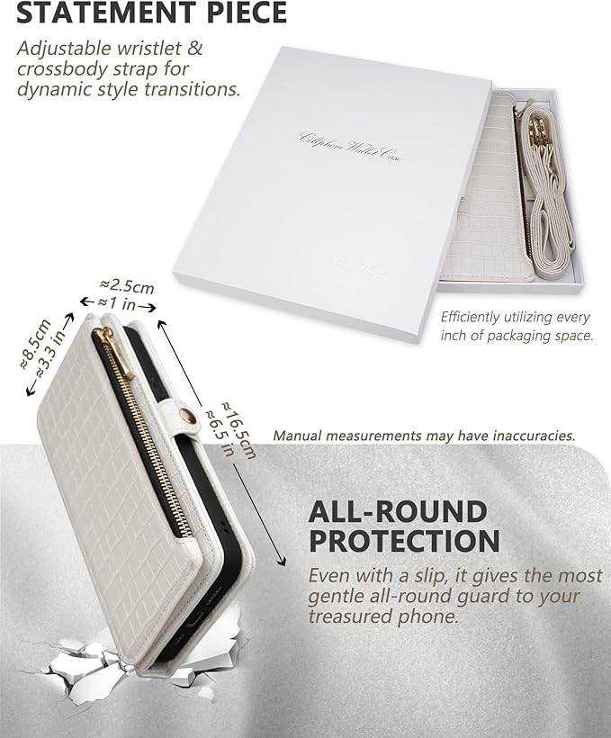 Crossbody Wallet Case for iPhone 15 Pro Max with Mirror, Wrist Strap, Zipper Purse Magnetic Flip RFID Blocking Card Holder, Wireless Charging, PU Leather Shockproof 6.7" Women (White)