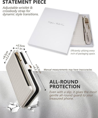 Crossbody Wallet Case for iPhone 15 Pro Max with Mirror, Wrist Strap, Zipper Purse Magnetic Flip RFID Blocking Card Holder, Wireless Charging, PU Leather Shockproof 6.7" Women (White)