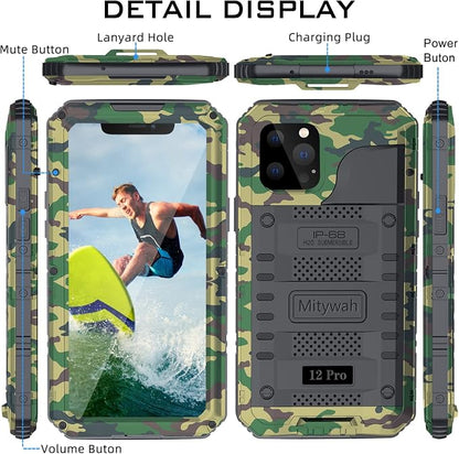 Mitywah Waterproof Case for iPhone 12 Pro, Heavy Duty Shockproof Case with Built-in Screen Protector, Full Body Underwater Protective Metal Case 6.1 inch, Camouflage