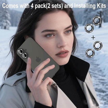 Compatible for iPhone 13/iPhone 13 Mini Camera Lens Protector Bling, Cute Sparkle Glitter Luxury Camera Cover for Women, Anti-Scratch, Easy Install, (2 Sets=4Pack), Black