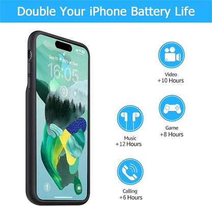 Battery Case for iPhone 16 Plus, [12000mAh] Enhanced Portable Protective Smart Qi Wireless Charger Case Battery Pack with CarPlay Wireless Charging Case Compatible for iPhone 16 Plus (6.7 inch)-Black
