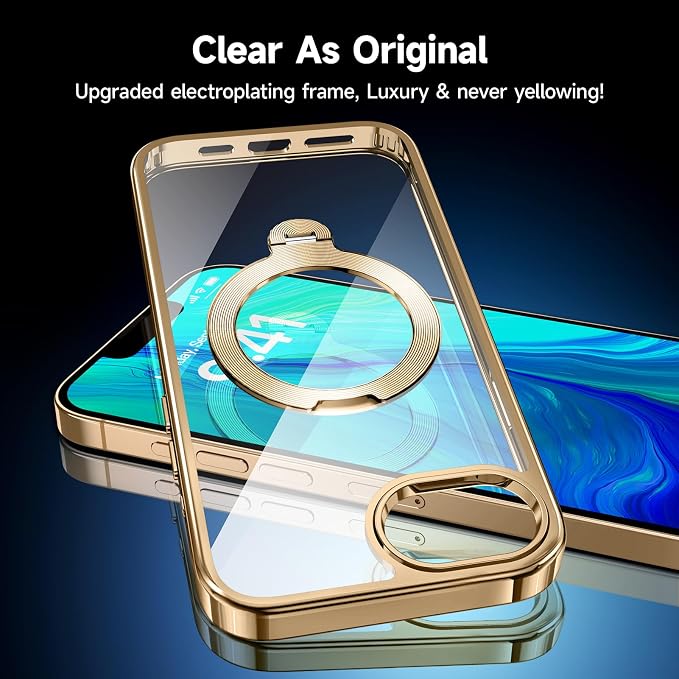 [Tri-Shield Protection] for iPhone 17e/16e Case with 360° Spin Stand Compatible with MagSafe [Magnetic CD Ring] [Screen & Camera Lens Protector] Shockproof Plating Never-Yellowing, Gold-6.1"
