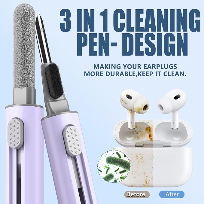 【1 Pack】 Cleaner Kit for Airpods 4 Case,Cleaning Kit Pen Shape with Soft Brush Flocking Sponge Tool for Bluetooth Earphones Headphones Charging Case,Phone,Camera and Computer(Purple)