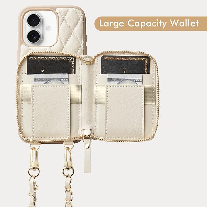 LAMEEKU for iPhone 17 Case Wallet with Card Holder, Wrist Strap Crossbody Phone Cover for Women 6.3" Beige