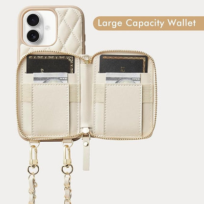LAMEEKU for iPhone 17 Case Wallet with Card Holder, Wrist Strap Crossbody Phone Cover for Women 6.3" Beige