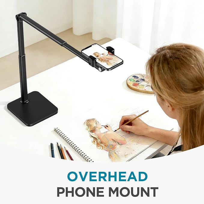 InnoGear Overhead Phone Mount, Heavy Duty Aluminum Phone Stand Tabletop Cooking Tripod for Desk Flexible Cell Phone Holder for Live Streaming, Meeting, Cooking, Recording