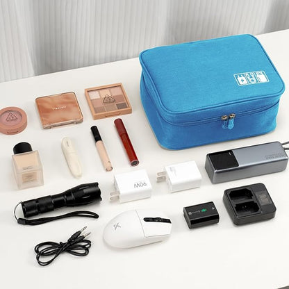 Travel Organizer Bag Waterproof Electronic Accessories Cosmetic Storage Pouch Portable Carry Case for Cable Charger Earphone Makeup Travel Business Trip Office (Light blue)