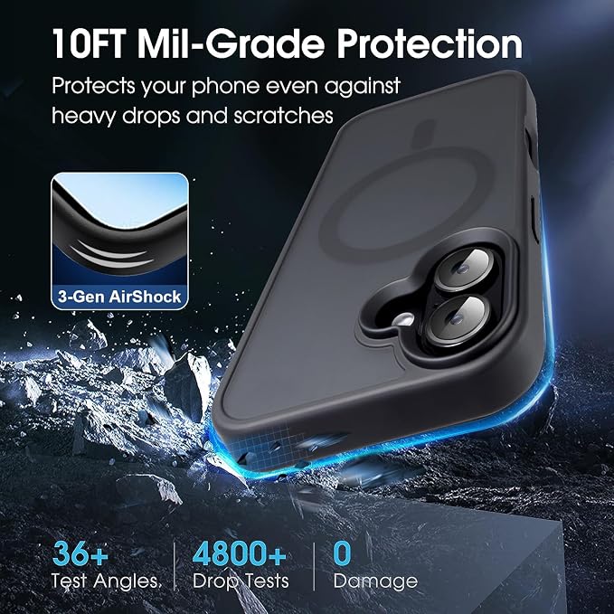 Strong Magnetic Case for iPhone 16 Case [10FT-Grade Drop Tested & Compatible with MagSafe] Translucent Anti-Fingerprint Shockproof Protective Cover 6.1 Inch, Black