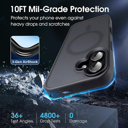 Strong Magnetic Case for iPhone 16 Case [10FT-Grade Drop Tested & Compatible with MagSafe] Translucent Anti-Fingerprint Shockproof Protective Cover 6.1 Inch, Black