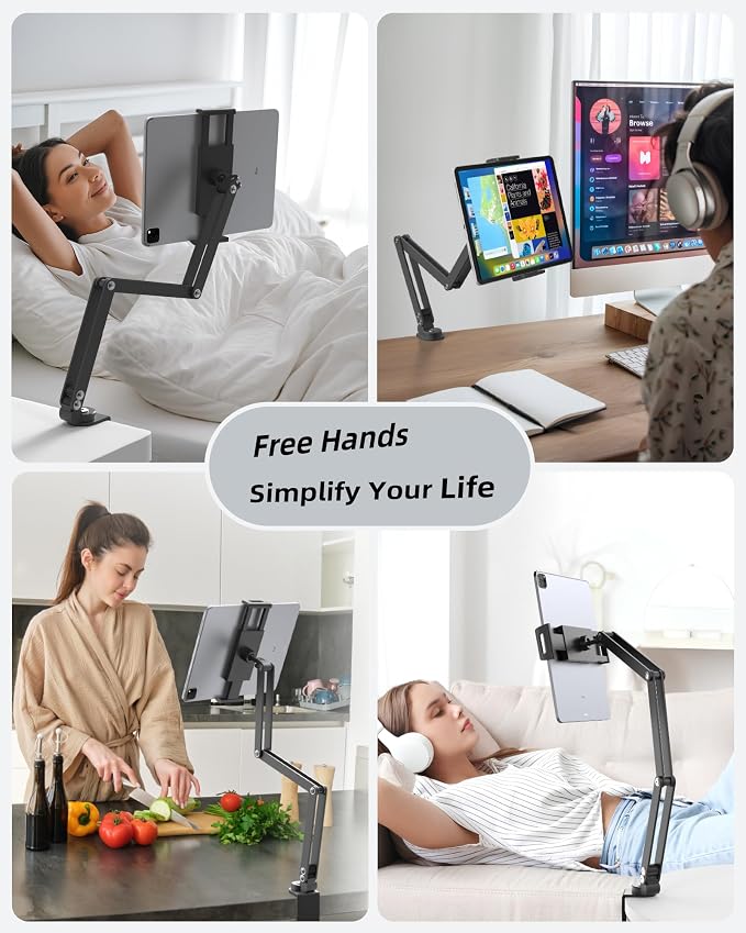 Foldable Flexible Tablet Stand Holder for Desk, 360° Adjustable iPad Arm Mount, Portable Monitor 15.6 Stand, Premium Phone Holder Compatible with iPad 13/12.9/11 Mini/10/9th, Samsung, Kindle