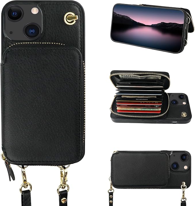 Bocasal Crossbody Wallet Case for iPhone 14 iPhone 13, RFID Blocking Leather Purse Case with Card Holder, Protective Handbag Flip Cover with Zipper Wrist Strap Lanyard for Women 5G 6.1 Inch (Black)