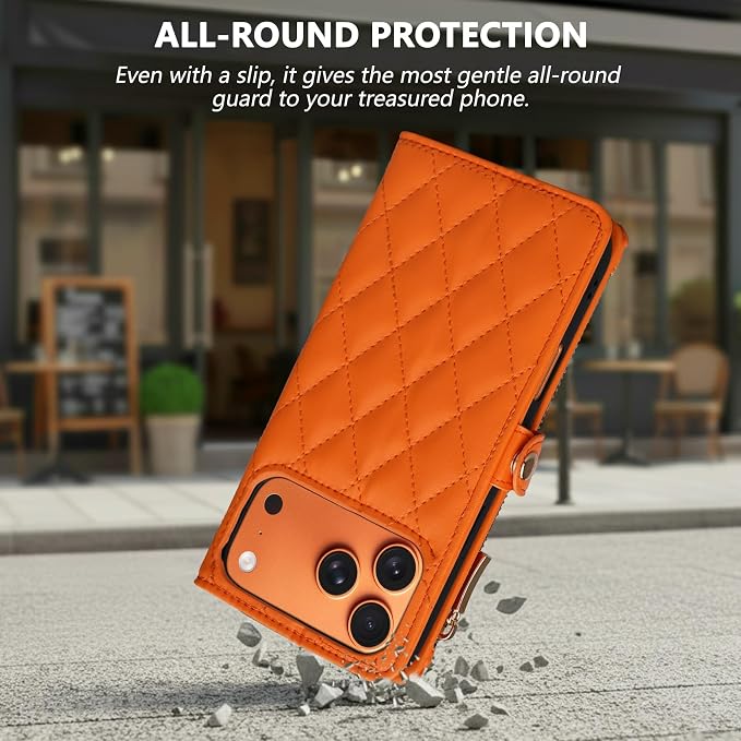 Rssviss Crossbody Wallet Case for iPhone 17 Pro Max 6.9", with Make Up Mirror, Wrist Strap, Zipper Purse Magnetic Flip, RFID Blocking Card Holder Kickstand, PU Leather Shockproof Women, Orange