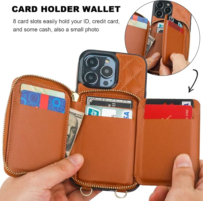 Bocasal Crossbody Wallet Case for iPhone 14 Pro Max, RFID Blocking PU Leather Zipper Handbag Purse Flip Cover, Kickstand Folio Case with Card Slots Holder Wrist Strap Lanyard 5G 6.7 Inch (Brown)