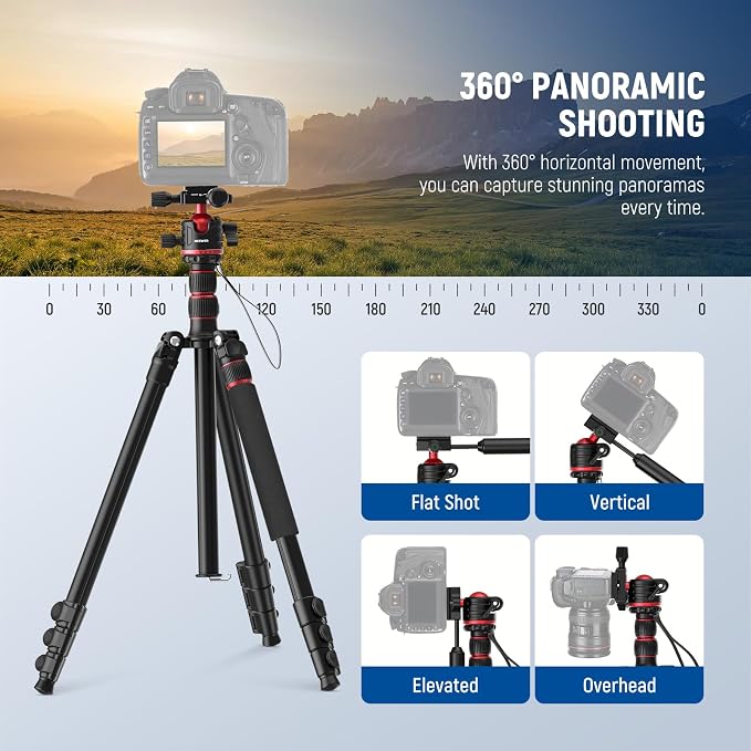 NEEWER Basics Camera Tripod Monopod, 77" Compact Lightweight Travel DSLR Video Stand, 360° Ball Head, Arca Type QR Plate, Reversible Legs & Inverted Central Axis, 13lb Max Load, TP08