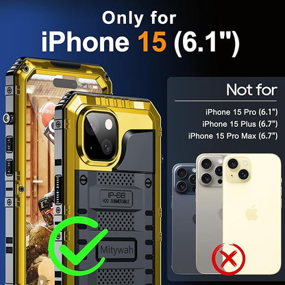 Mitywah Waterproof Case for iPhone 15, Heavy Duty Shockproof Case with Built-in Screen Protector, Full Body Underwater Protective Metal Case 6.1 inch, Yellow