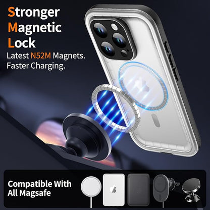 Cozycase for iPhone 16 Pro Max Waterproof Shockproof Dustproof Case [Compatible with MagSafe] - Heavy Duty/360 Full Body/Military Grade/Rugged Built in Screen/Camera Protector Black/Frosted Clear 6.9"