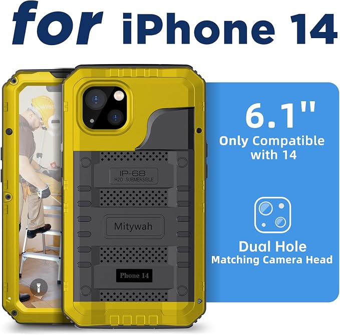 Mitywah Waterproof Case for iPhone 14, Heavy Duty Shockproof Case with Built-in Screen Protector, Full Body Underwater Protective Metal Case 6.1 inch, Yellow