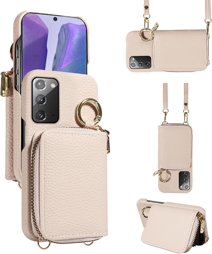 Wallet Case for Samsung Galaxy Note 20 5G with Shoulder Strap Ring Buckle, PU Leather Zipper Flip Organ Purse, Card Holder Stand Phone Cover for Note20 Notes 20s Twenty Not S20 Women Men White