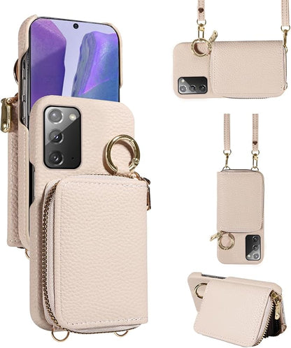 Wallet Case for Samsung Galaxy Note 20 5G with Shoulder Strap Ring Buckle, PU Leather Zipper Flip Organ Purse, Card Holder Stand Phone Cover for Note20 Notes 20s Twenty Not S20 Women Men White