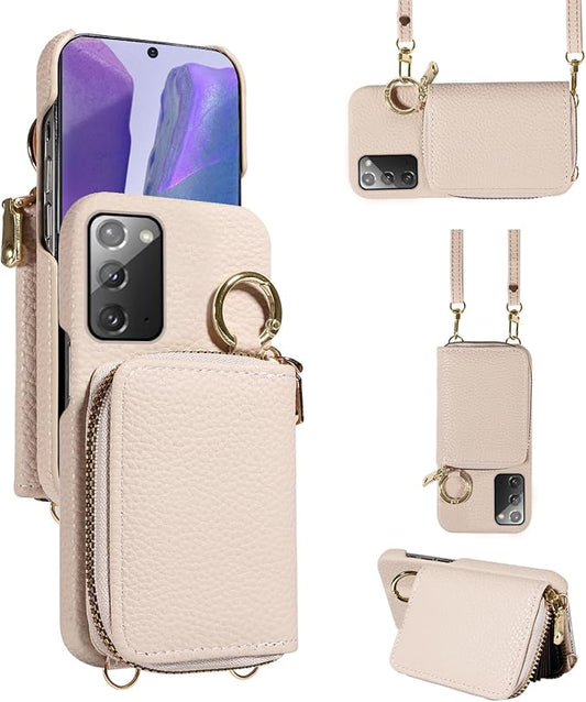 Wallet Case for Samsung Galaxy Note 20 5G with Shoulder Strap Ring Buckle, PU Leather Zipper Flip Organ Purse, Card Holder Stand Phone Cover for Note20 Notes 20s Twenty Not S20 Women Men White